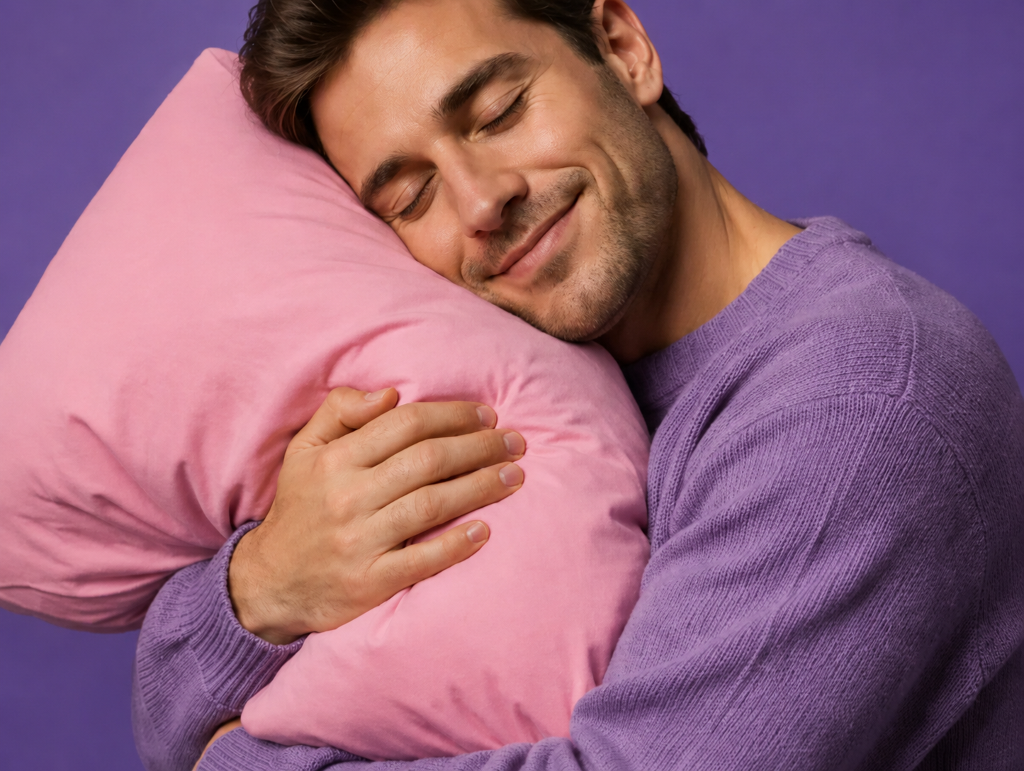 Mann kuschelt mit einem rosa Kissen